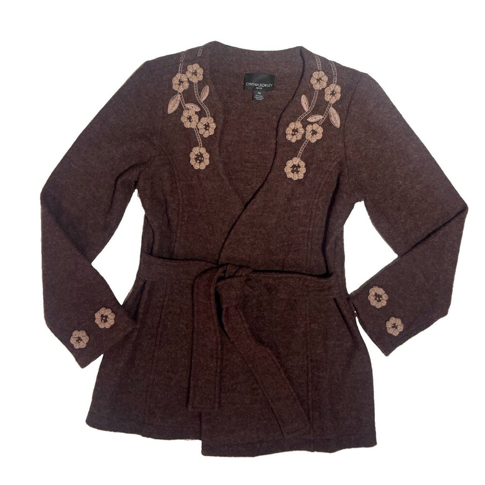 VTG Cynthia Rowley 90s Y2K Wool Floral Embroidered Women’s Wrap Cardigan Pet.MD